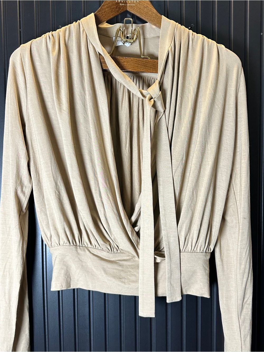 Halston Heritage Beige Tie-Neck Blouse with Gathered Waist